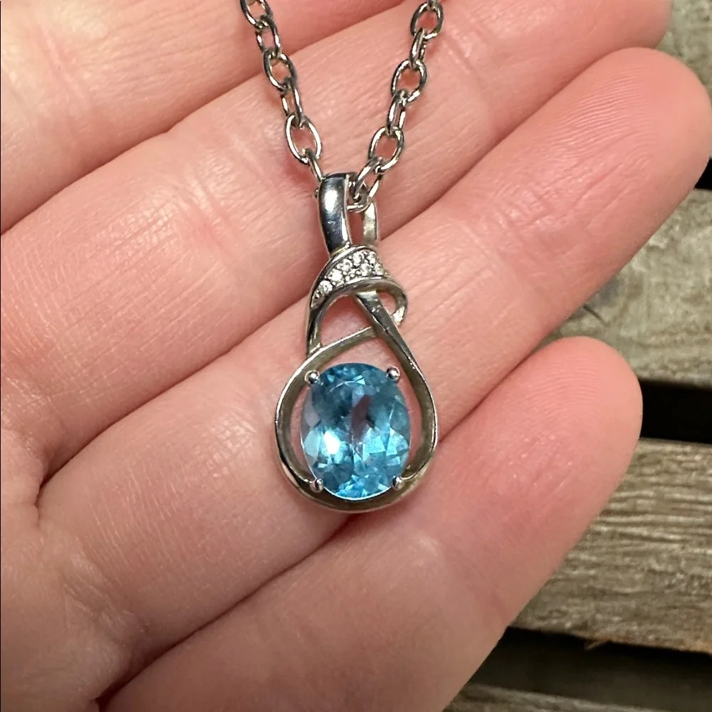 925 sterling silver great shape blue topaz faceted crystal gemstone necklace - Picture 3 of 8